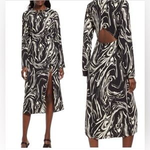 Open Edit MARBLED LONG SLEEVE MIDI DRESS BLACK SWIRL MARBLE open back pockets
